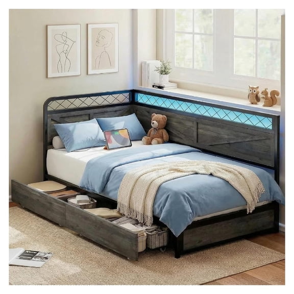 Twin Corner Bed Frame with Storage Drawers, Charcoal Grey Industrial L-Shape Daybed with Lighting and Headboard