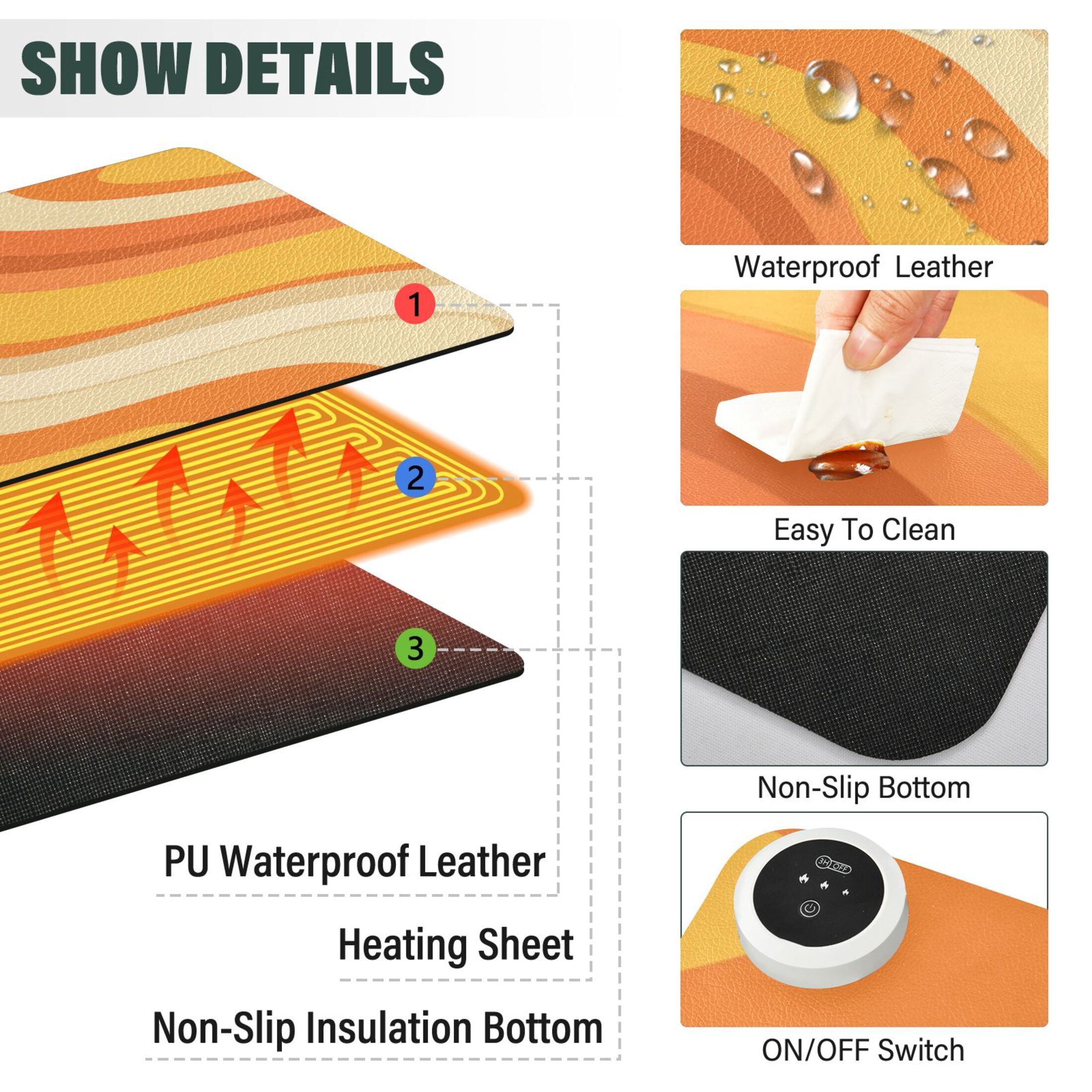 Large Heated Desk Mat Mouse Pad 31.5"x13"PU Leather Graphene Heating Desk Warmer with 3 Temperature Settings 110V US Plug Non-Slip Warm Pad for Home, Office, and Gaming Orange Color Clash Pattern