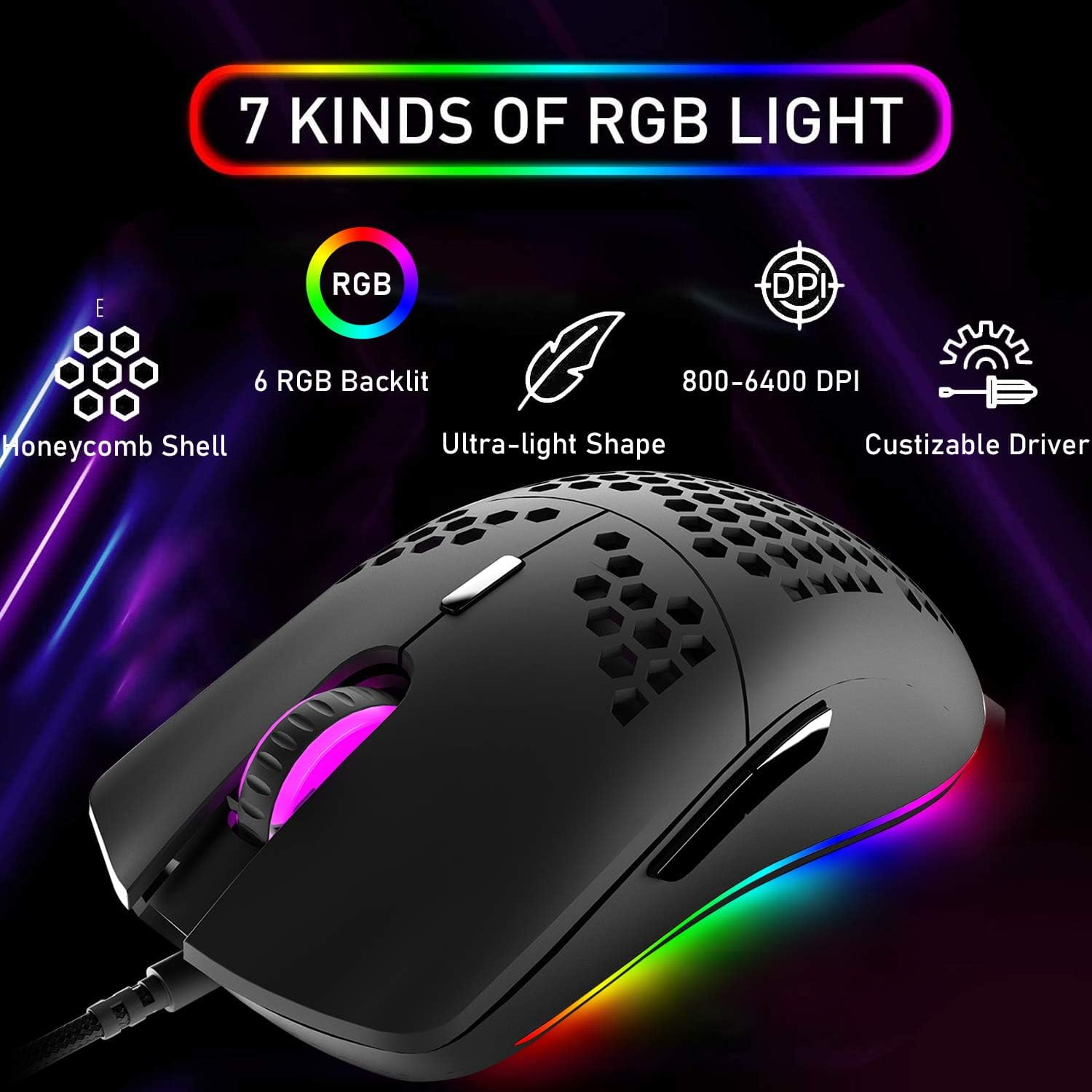 60% Mechanical Gaming Keyboard Red Switch Mini 68 Keys Wired Type C 18 Backlit Effects,Lightweight RGB 6400DPI Honeycomb Optical Mouse,Gaming Mouse Pad for Gamers and Typists (Black)