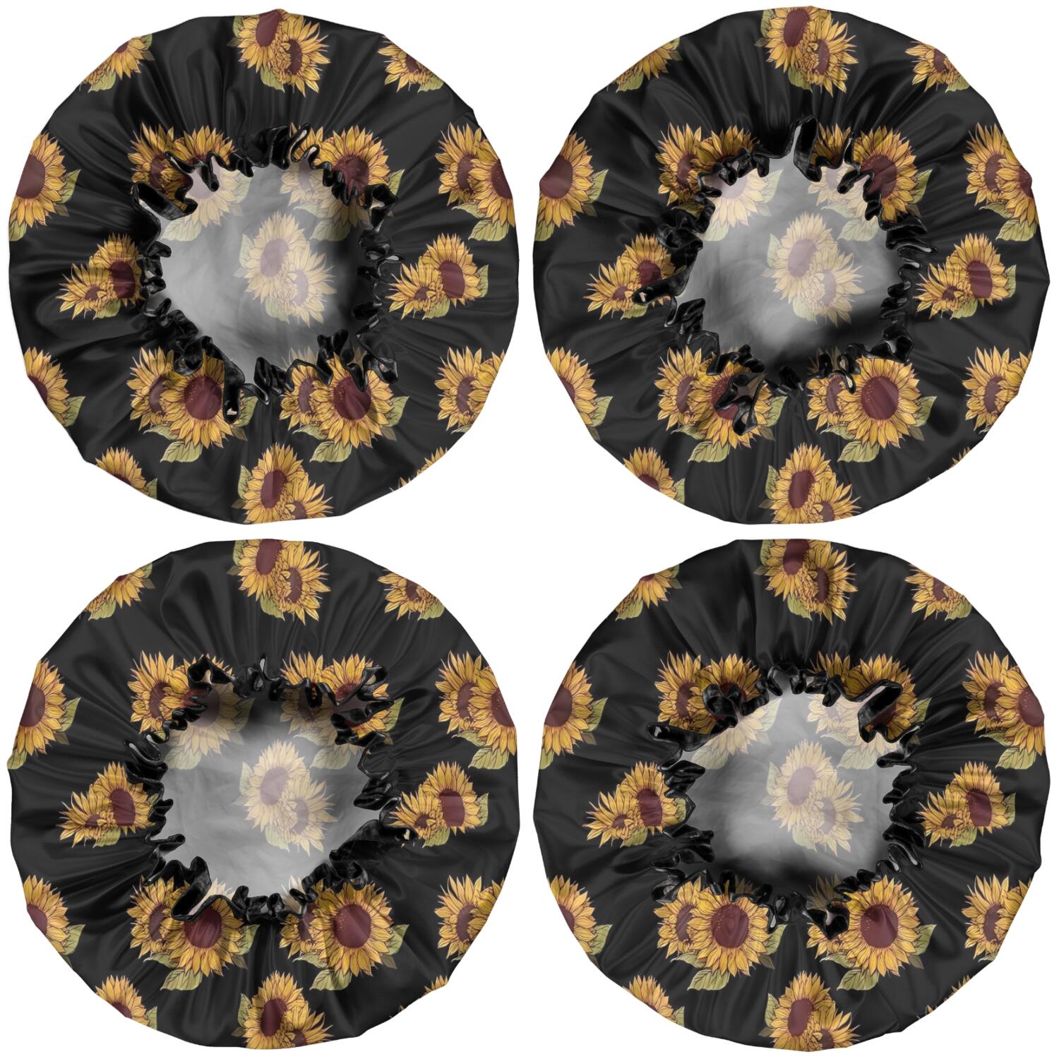 Shower Caps,Black Yellow Green Leaf Sunflower Pattern Waterproof Shower Cap for Women 4 Pieces,Double Reusable Hair Cover for Shower PEVA Elastic Stretch Hem