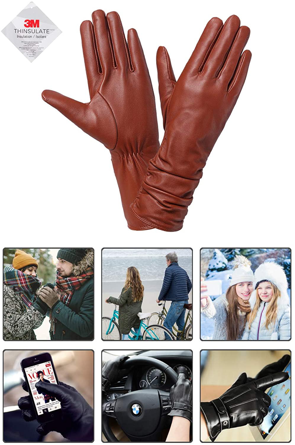 Leather Gloves for Men with 3M Thinsulate Full-Hand Touchscreen Texting Driving Black Cold Weather Gloves 