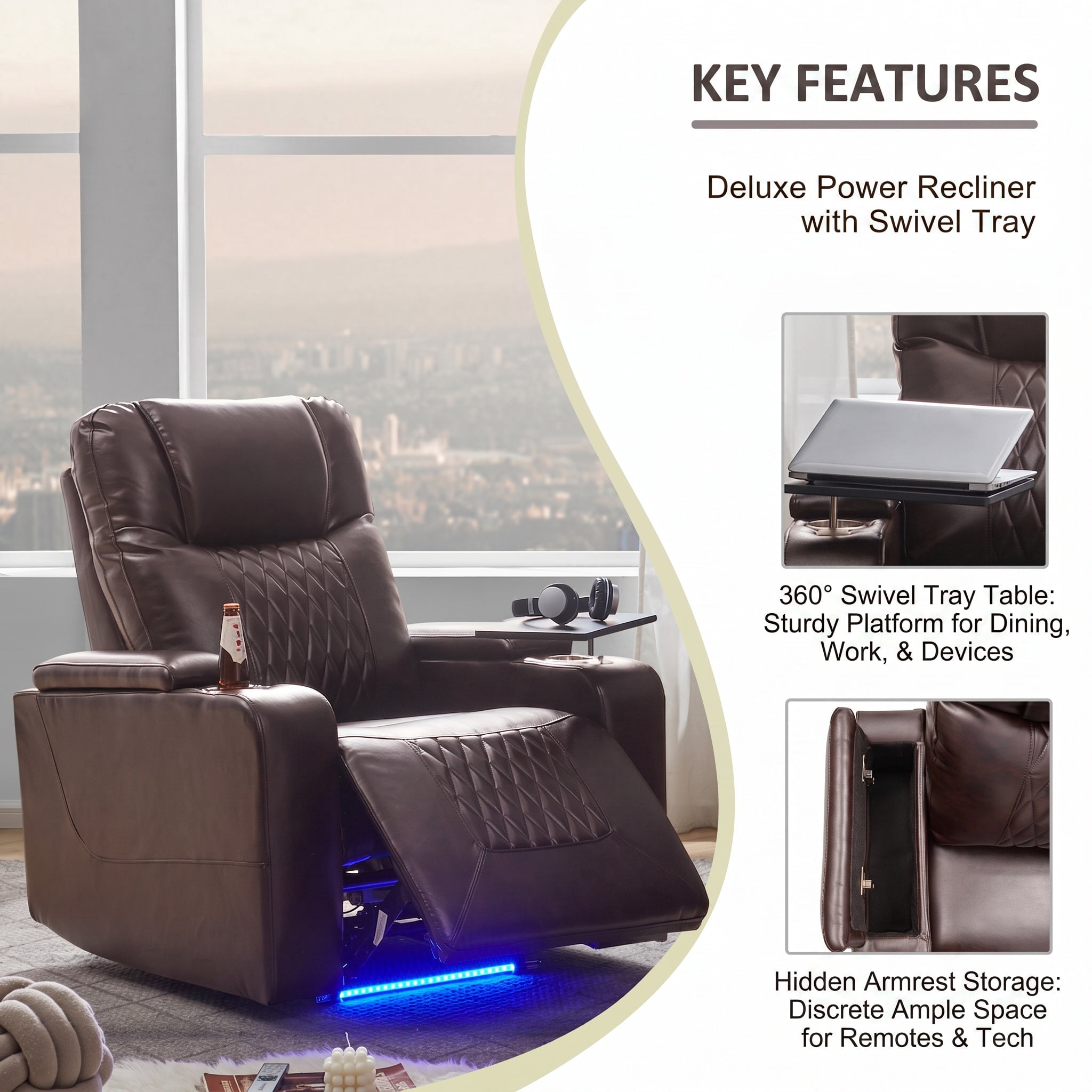 Sailvan Motion Recliner with Swivel Tray Table and Hidden Storage Brown
