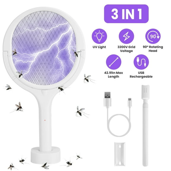 Electric Bug Zapper Racket,3 in 1 Bug Zapper with USB and Base and a Telescopic Extension,3200 Volt Mosquito Killer with 3-Layer Safety Mesh for Pest Insect Control for Indoor,Backyard,Camping,White