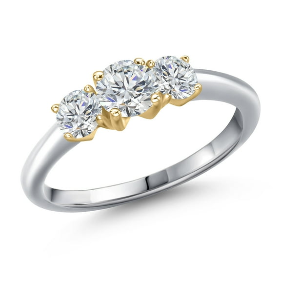 Gem Stone King 10K Two Tone Gold Lab Grown Diamond 3-Stone Engagement Ring for Women | 1.04 Cttw | Round 5MM and 4MM | DEF Color | VVS-VS Clarity (Size 9)