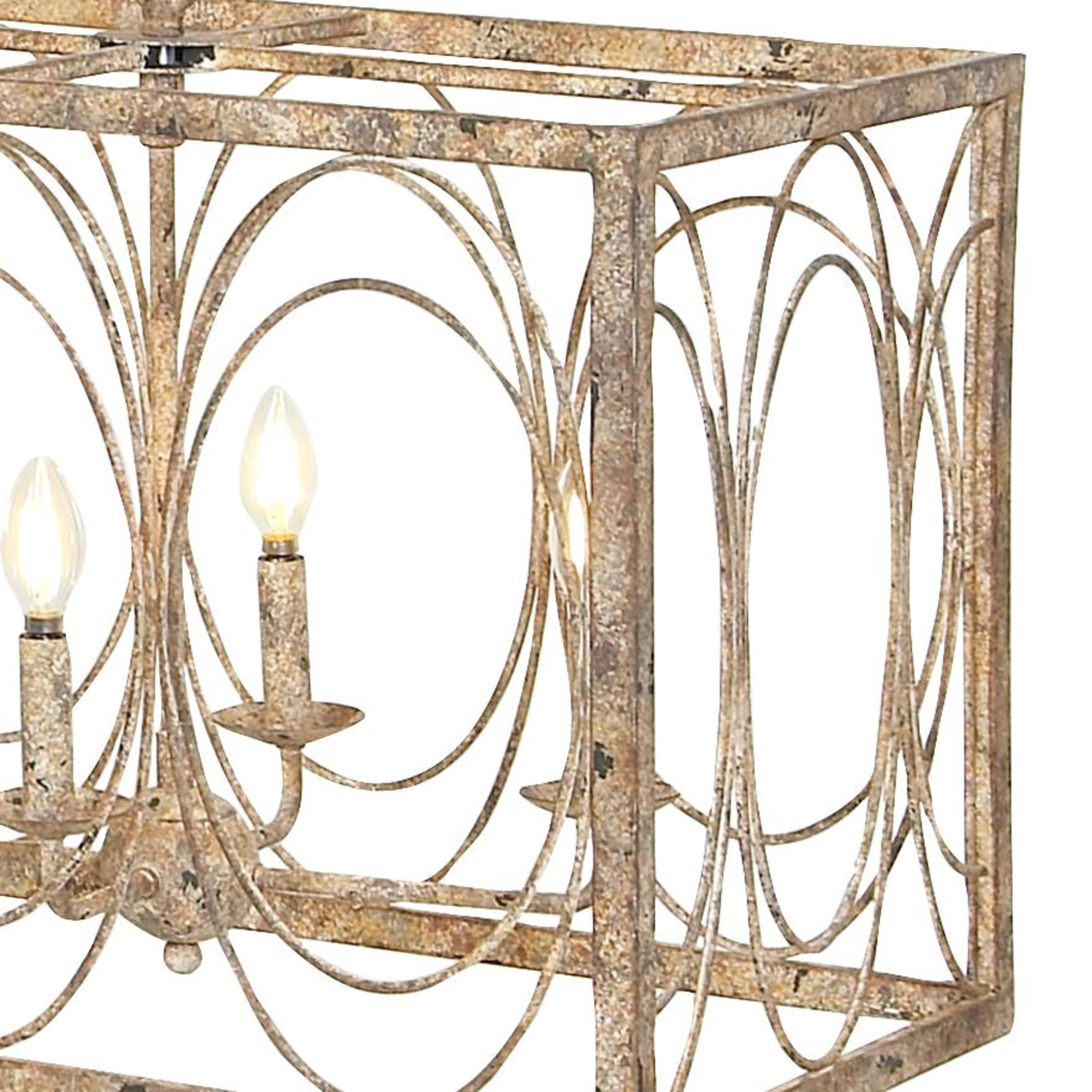 DecMode 48" x 18" Gold Metal Distressed Caged 8 Light Chandelier with Link Style Chain, 1-Piece