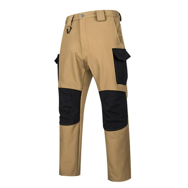 Mens Fleece Lined Tactical-Pants with Pockets Waterproof Cargo Pant Relaxed Straight Leg Color Block Mid Waisted Thermal Warm Hiking Work Trousers