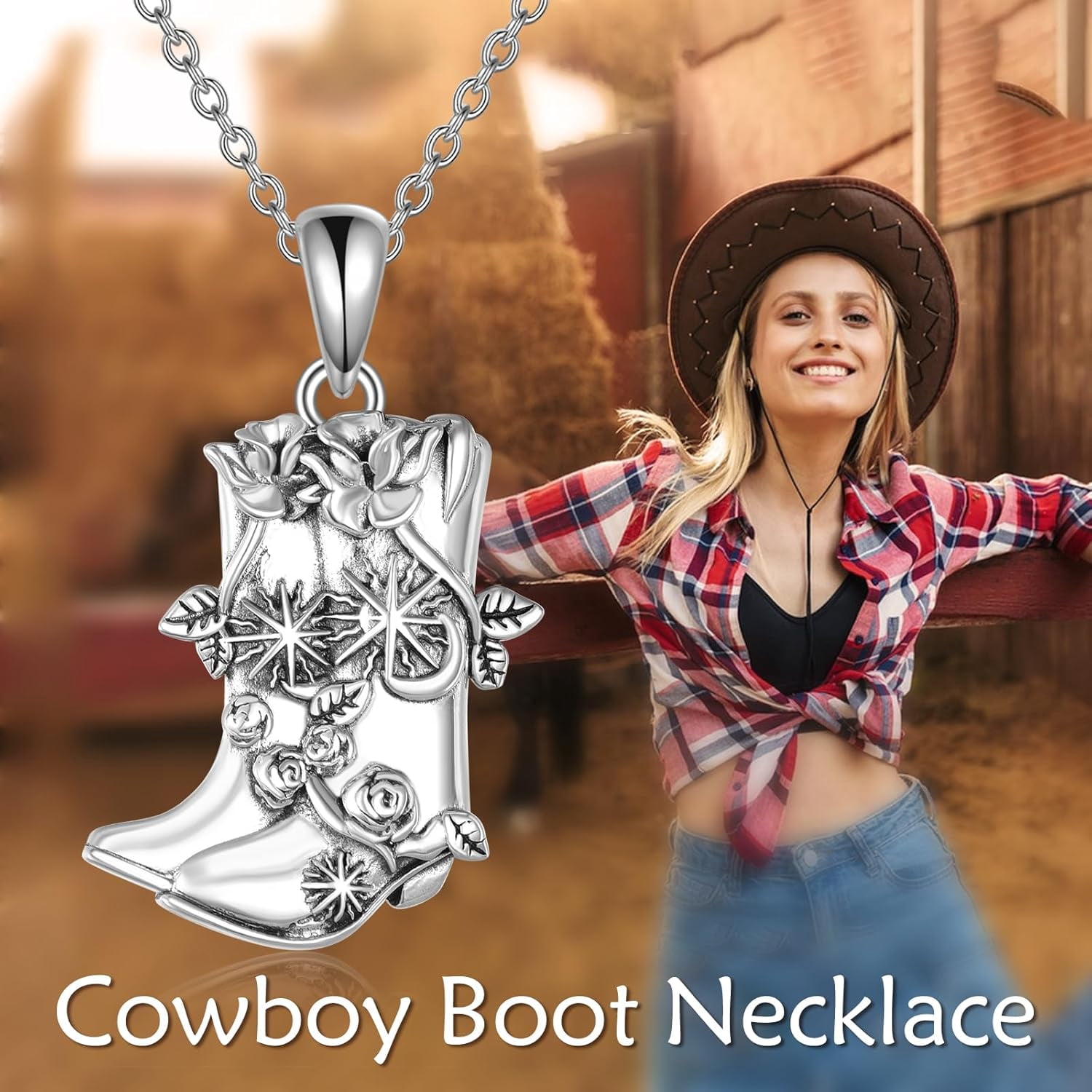 Cowboy Boot Necklace 925 Sterling Silver Western Cowgirl Pendant Necklaces Texas Boot Jewelry Wild West Country Equestrian Gift for Women Cowboys Horse Lover