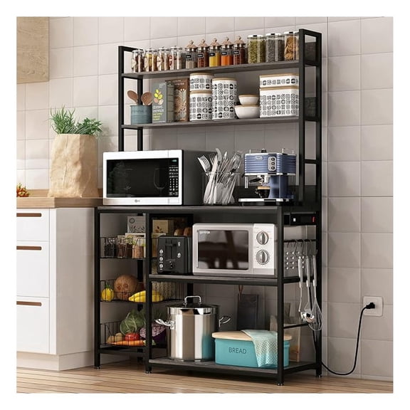 Kitchen Bakers Rack with Baskets and Power Outlet,5-Tier Kitchen Utility Storage Shelf with , Microwave Oven Stand Rack,Vintage Grey Free Standing Kitchen Shelf