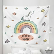 Unicorn Tapestry, Hand Drawn Rainbow with Doodle Stars and Believe in Wonder Words Positive Vibes, Fabric Wall Hanging Decor for Bedroom Living Room Dorm, 5 Sizes, Multicolor, by Ambesonne