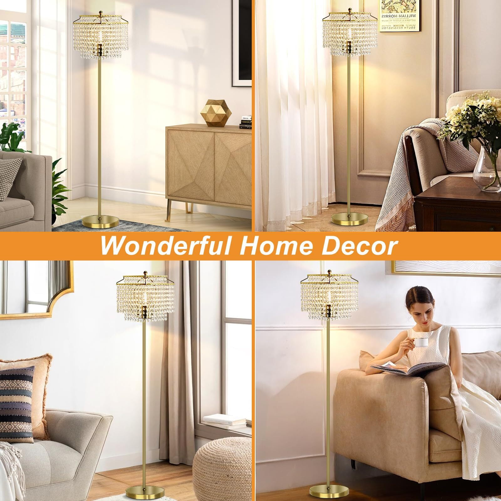 NATYSWAN Gold Crystal Floor Lamp , Modern Standing Lamps with Double-Layer Lampshade, on-off Foot Switch, for Living Room, Bedroom, Office, 8W Bulb Included