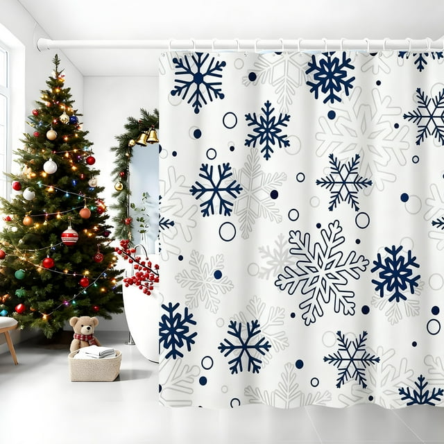Colourful Christmas Snowflake Patterned Shower Curtain, Waterproof Polyester Fabric with 12 Hooks, Decorative Bathroom Accessory for Home and Hotel Use, 90x180 cm
