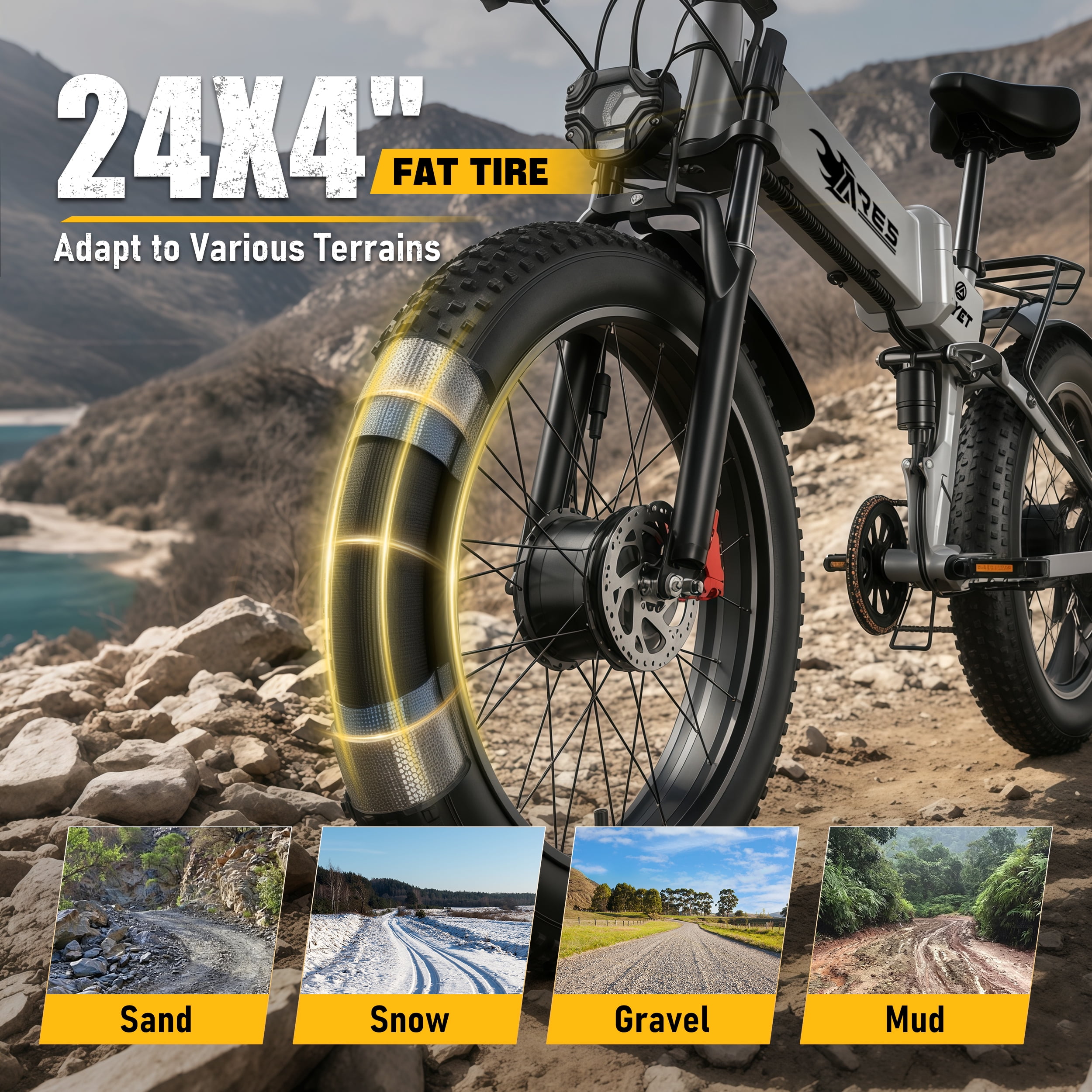 AMYET ARES AWD Electric Bike for Adults, Dual Motor 2000W Ebike, 52V 20Ah Battery, 24" x 4.0" Fat Tire, Folding Electric Mountain Bike, 34MPH, UL2849