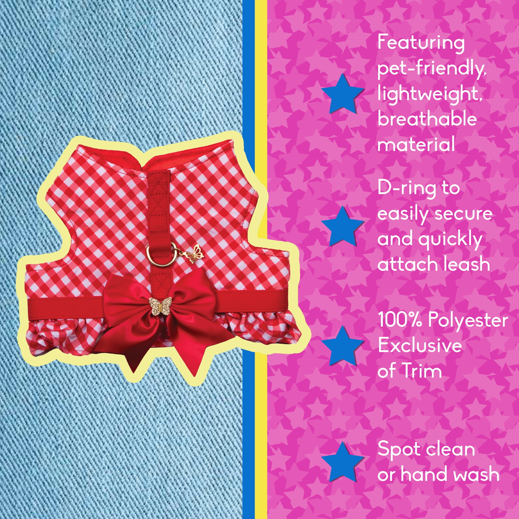 Doggy Parton Dog Walking Harness, Gingham Dog Harness with Bow, Red, Medium