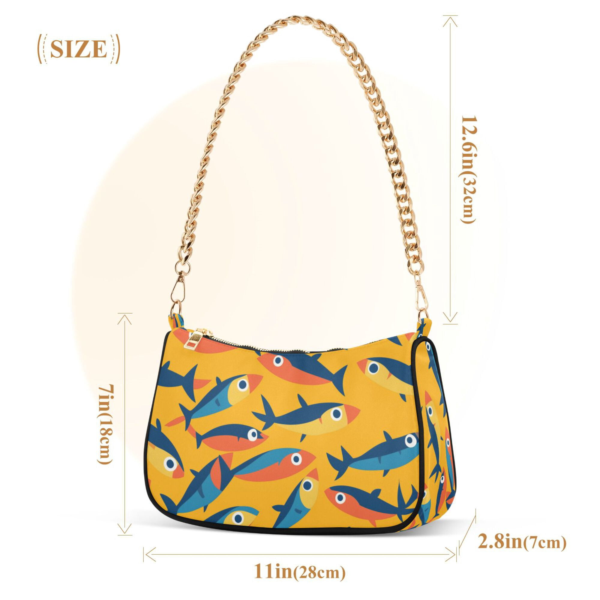 FORMRS Womens Shoulder Bag with Chain Strap Clutch Purse Cute Tote Handbag, Yellow Sardines Pattern