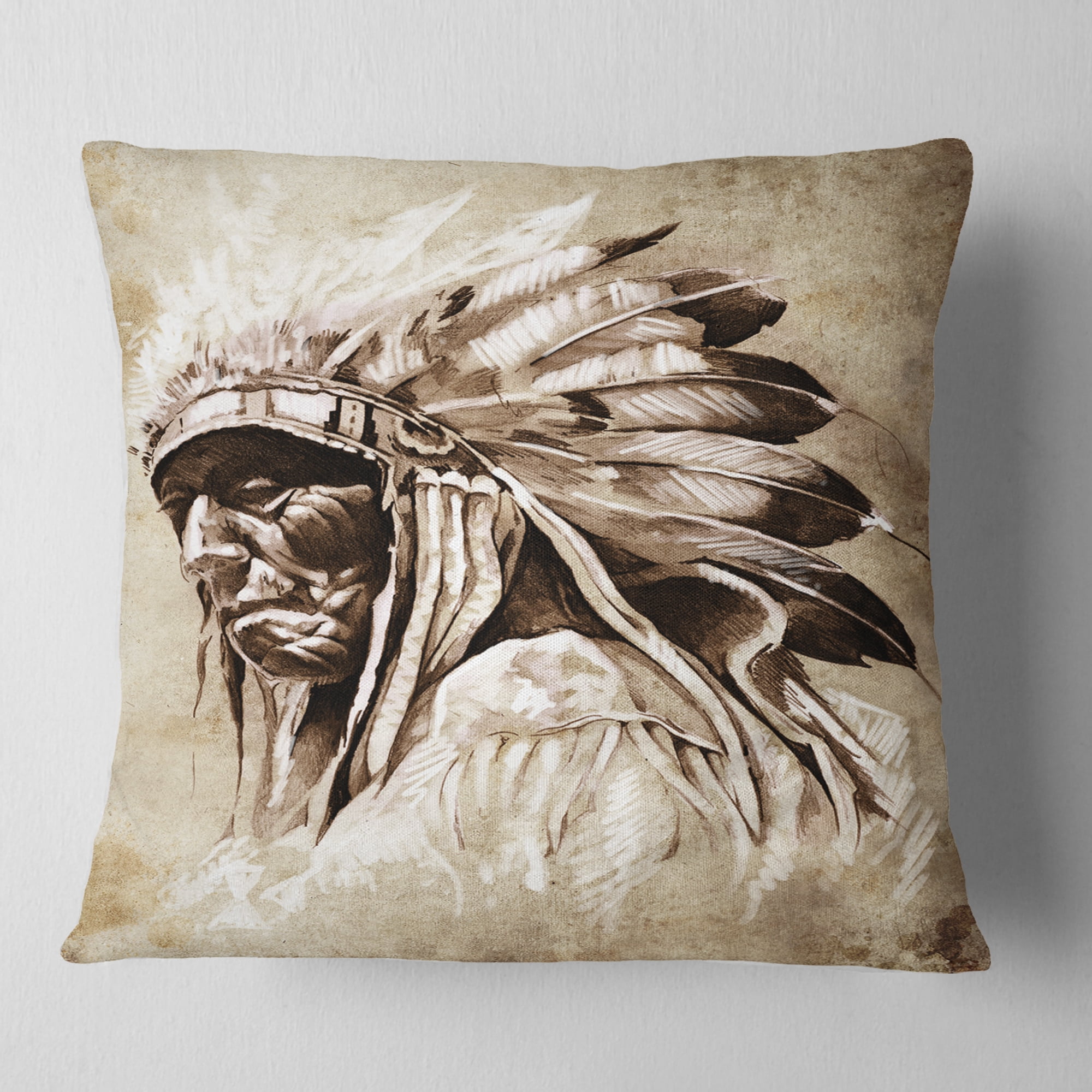 Designart Vintage Style Indian Head Tattoo - Abstract Throw Pillow - 18x18