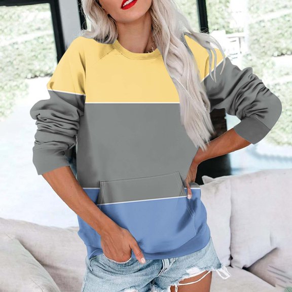 Xcmzpl Women's Sweatshirts Basic Color Block Crewneck Sweatshirt Fashion Pullover Tops Work Long Sleeve T-shirts Winter Fashion