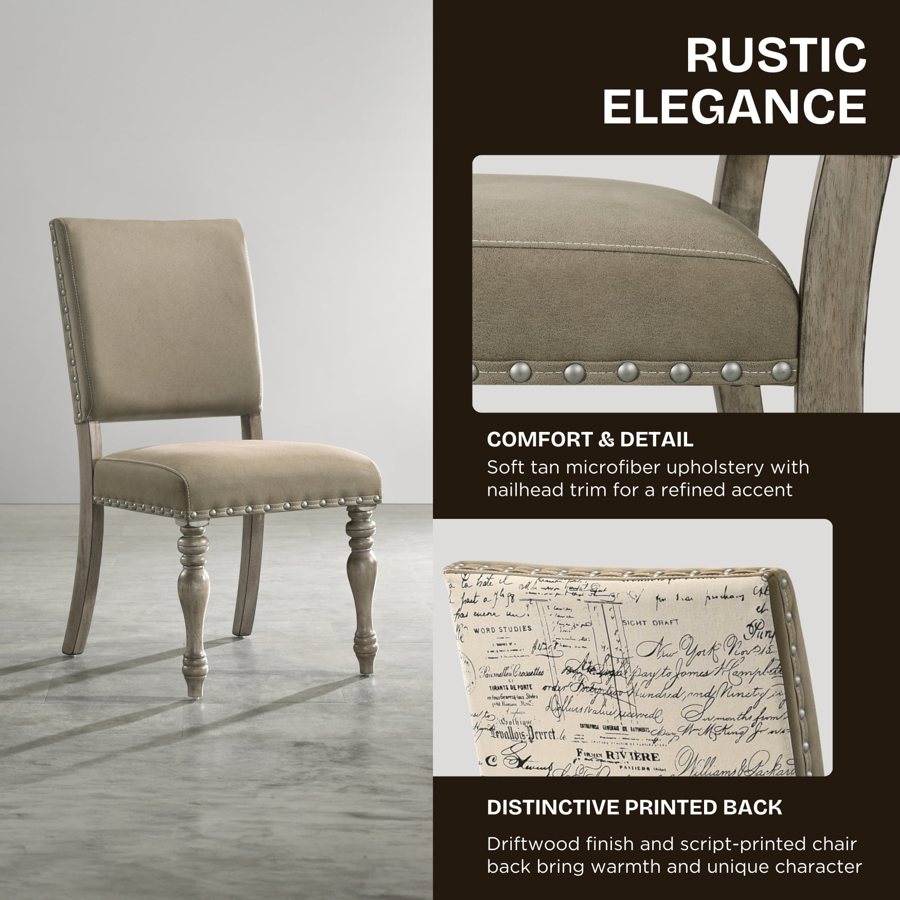 Roundhill Furniture Birmingham Script Printed Finish Dining Chair with Nail Head, Set of 2, Driftwood