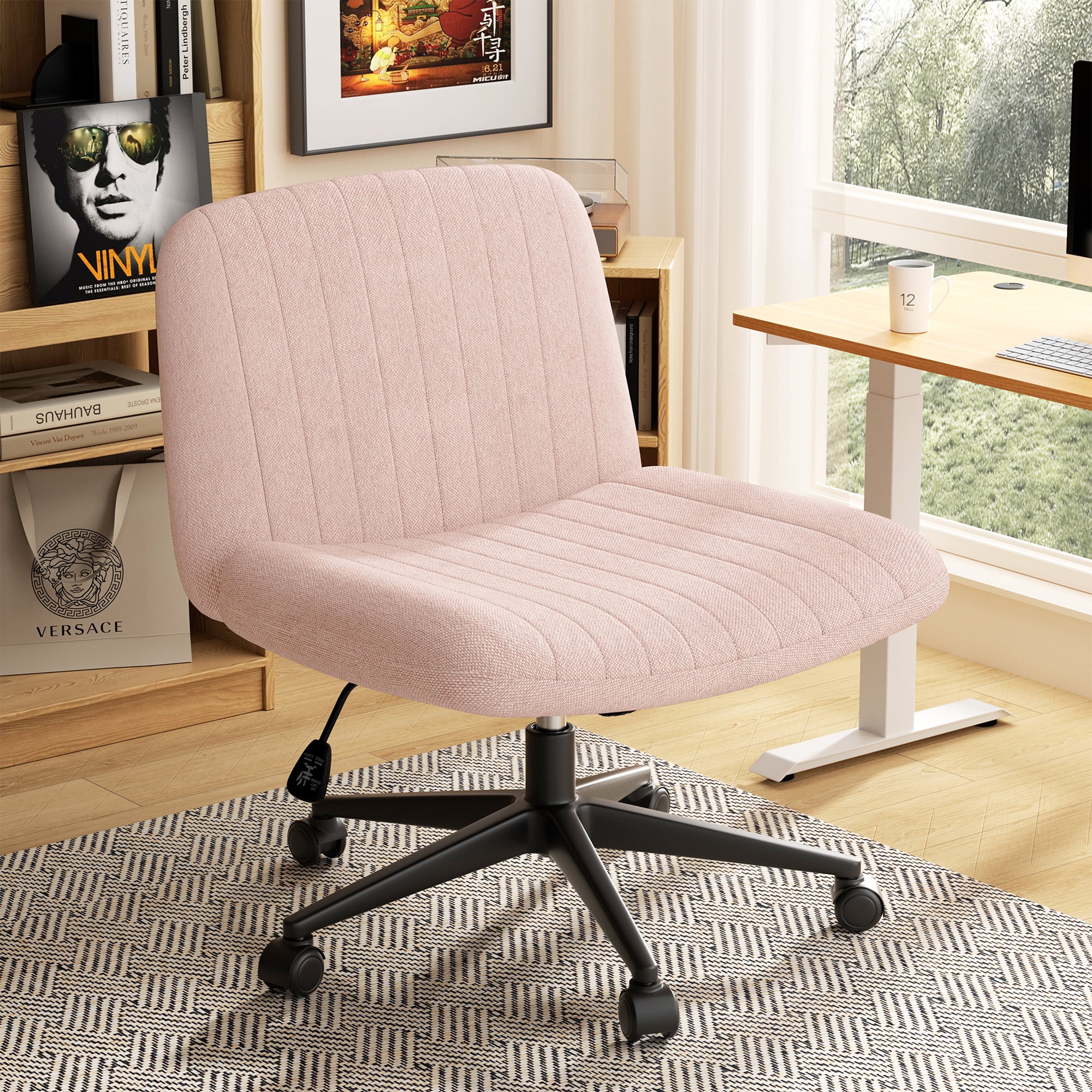 Walsunny Armless Criss Cross Home Office Chair, Fabric Vanity Desk Chair with Wheels, Wide Seat Swivel Task Computer Chair, Pink