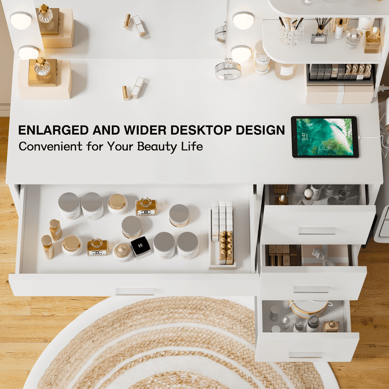 Vineego Makeup Vanity with LED Lights, Vanity Set with Charging Station & Ample Storage, Vanity Desk for Bedroom & Dressing Room, White