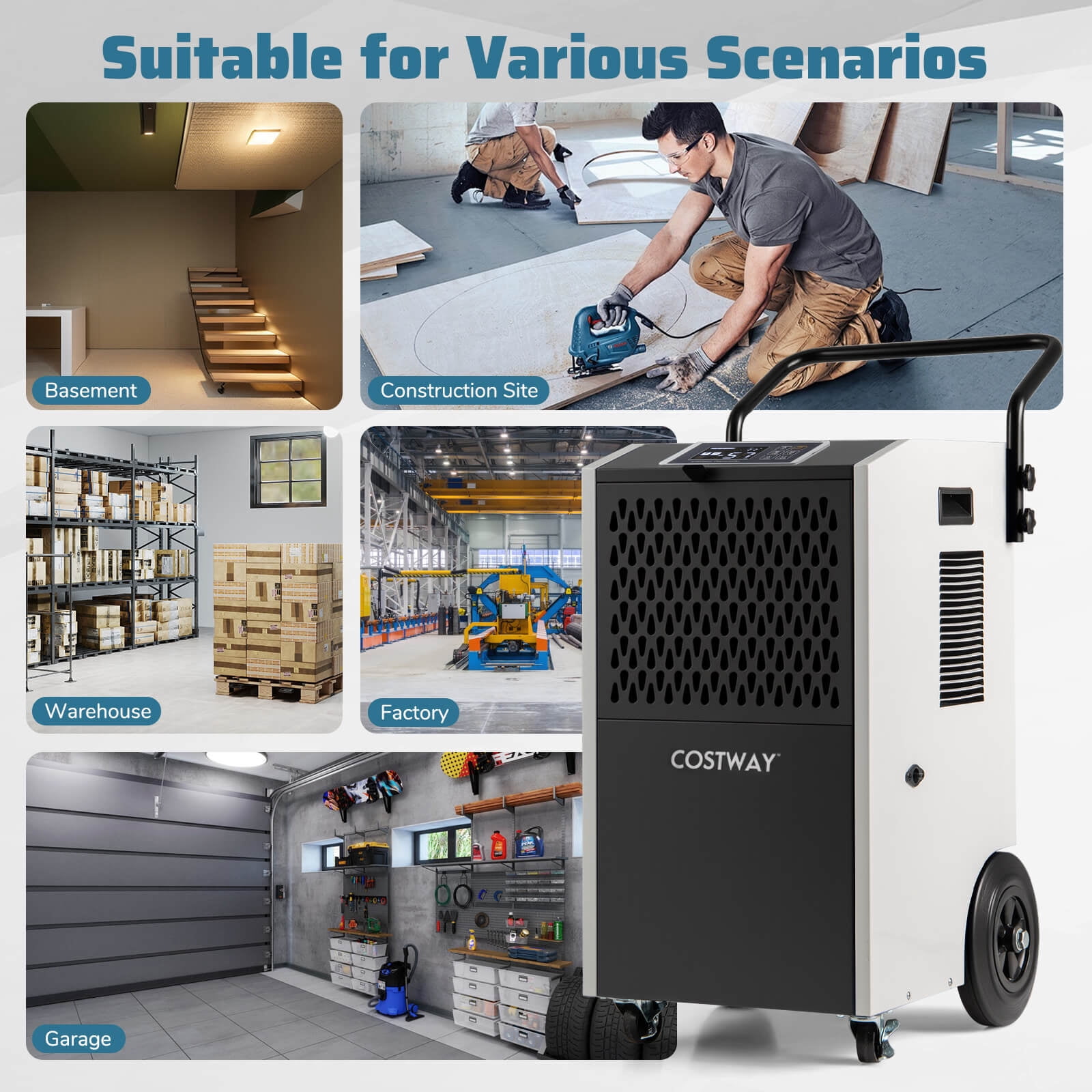 Costway 49-Pint(DOE) Commercial Dehumidifier with Pump Drain Hoses for Basements Job Sites 7,500 Sq.ft Coverage Area (MAX 154Pint at 95°F, 90%RH)