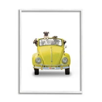 Yellow Antique Car Love Pugs Animals & Insects Graphic Art White Framed Art Print Wall Art