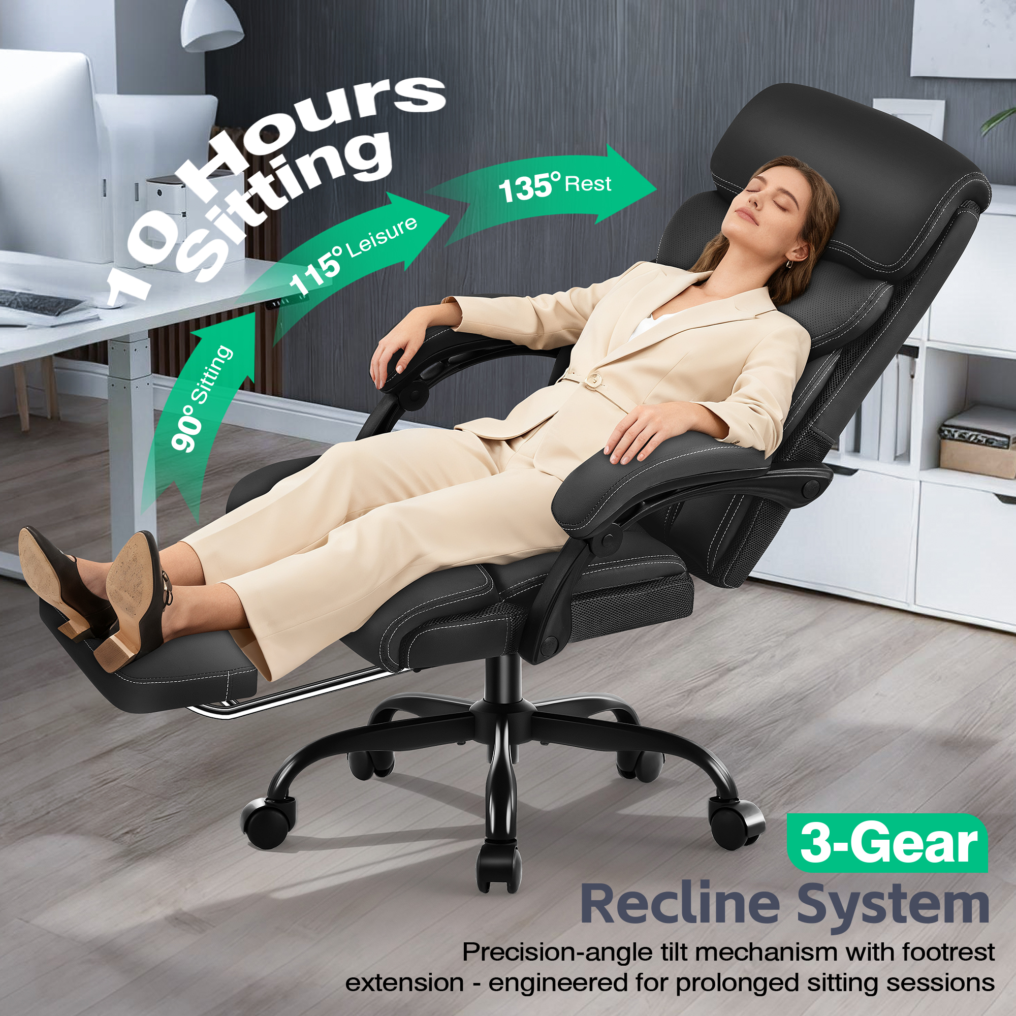Dhole Ergonomic Office Chair with Footrest, High-Back Desk Chair with Lumbar Support and Flip-Up Arms, PU Leather Swivel Computer Task Chair for Home Office, Adjustable Rolling Chair