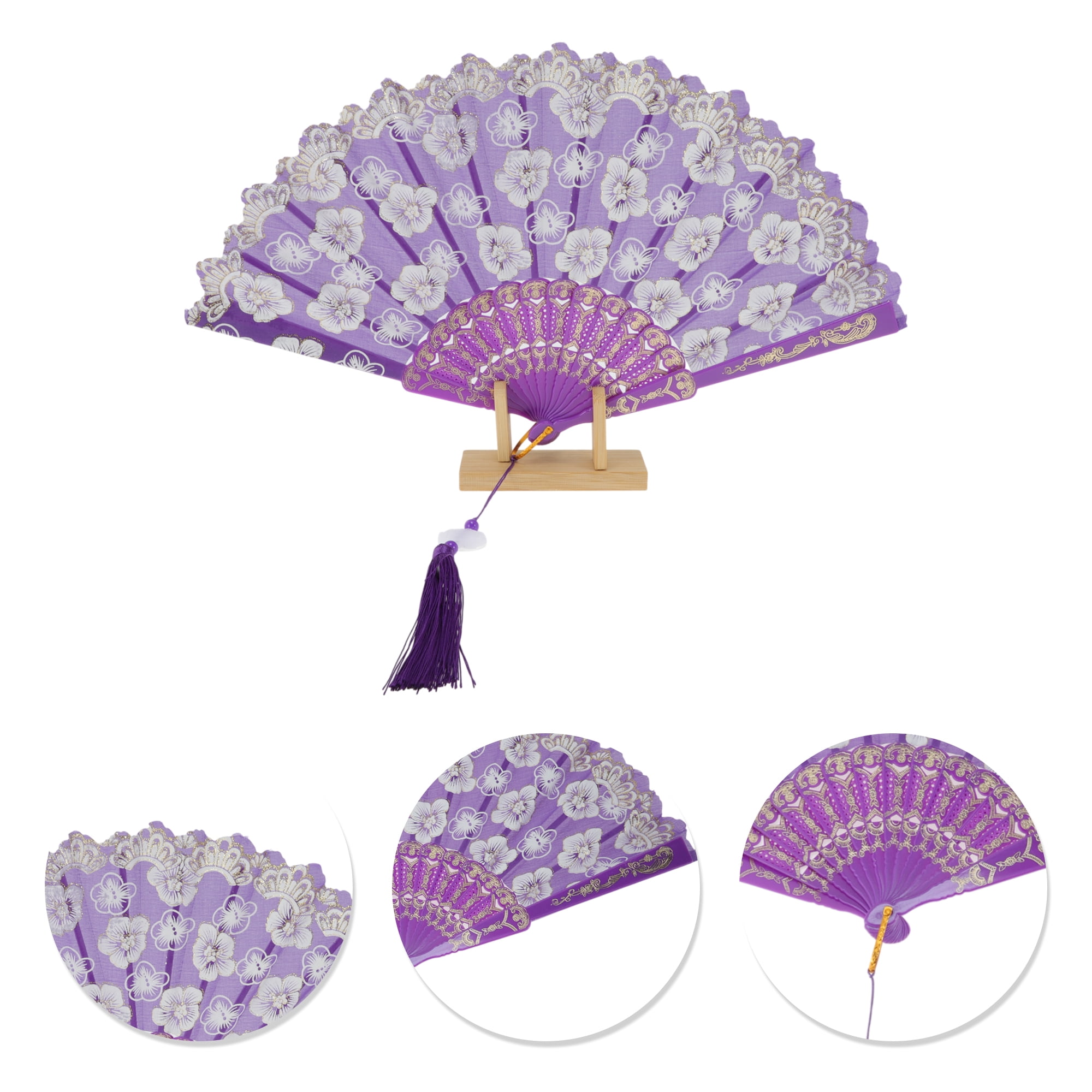 Unique Bargains Elegant Cherry Blossom With Tassel Folding Fan 1 Pc Purple