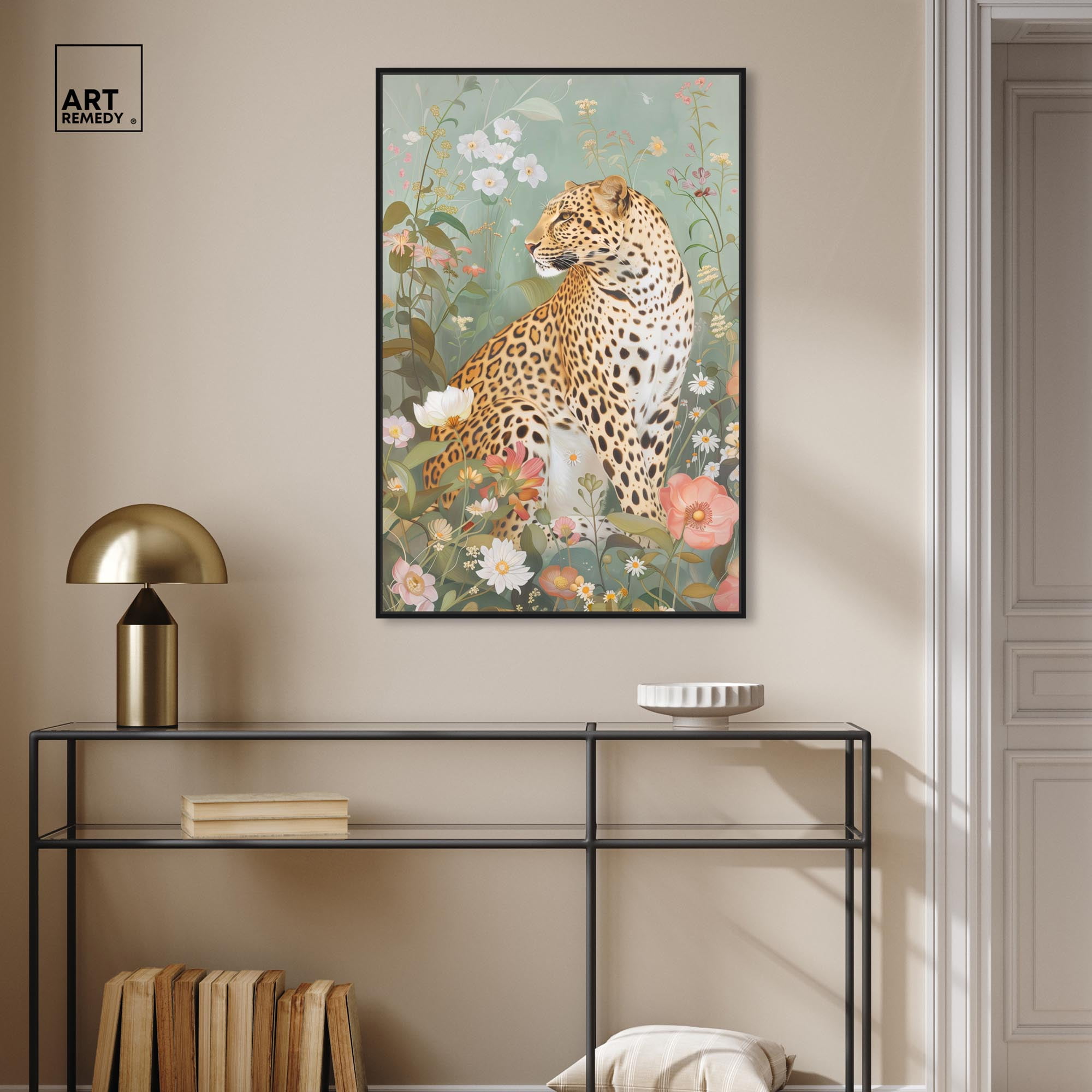Leopard Spring Canvas Vintage Animal Art by Art Remedy, Black Frame, 24" x 36"