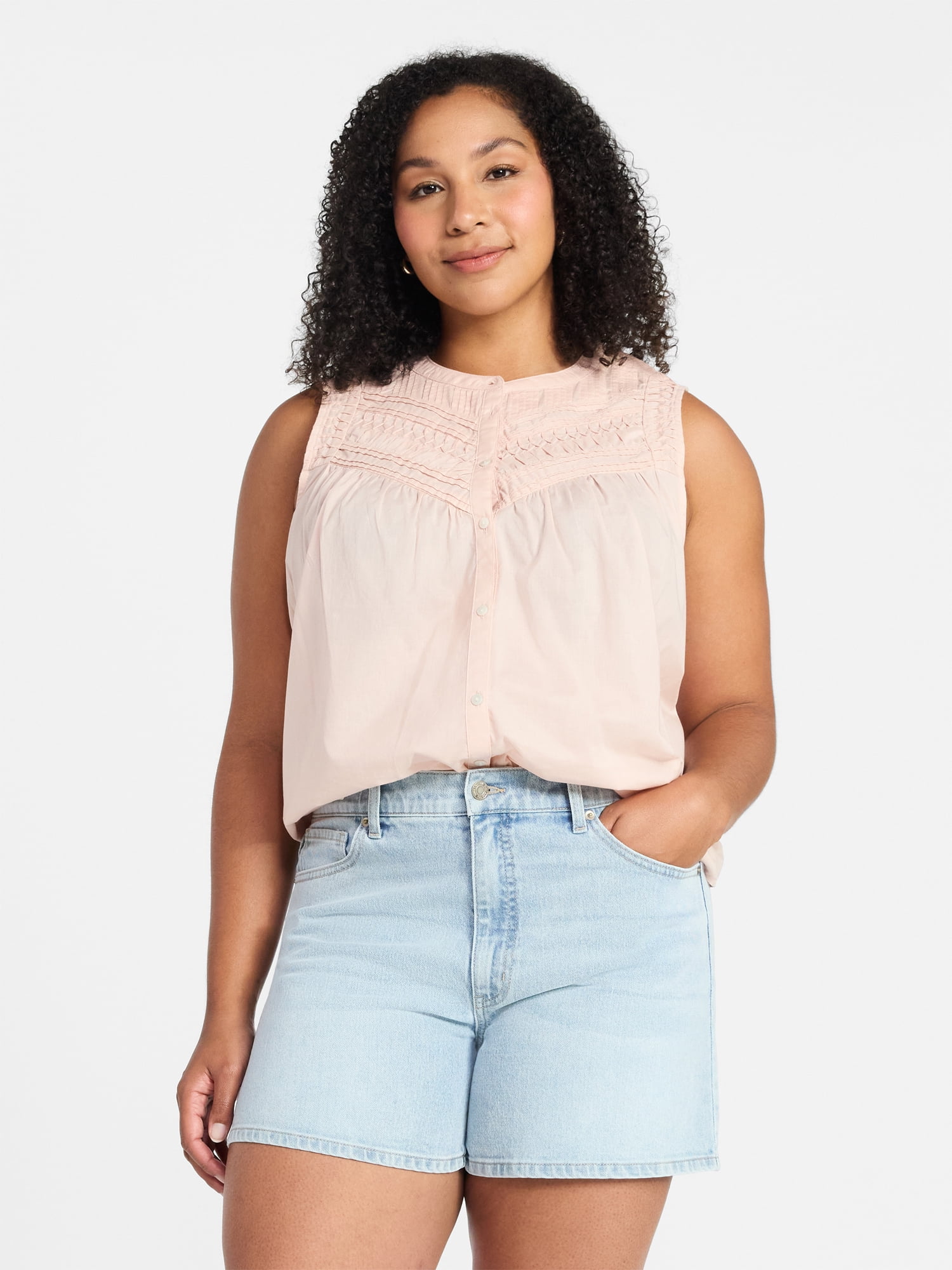 Time and Tru Women’s Pleated Cotton Sleeveless Top, Sizes XS-XXXL
