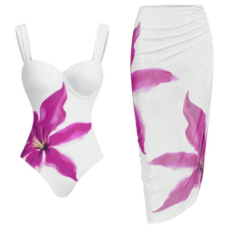 Lroveb One Piece Swimsuit with Skirt for Women Bikini Sexy Suspender Flower Print Slim Hip Packing Beach Two 2 Piece Swim Suit
