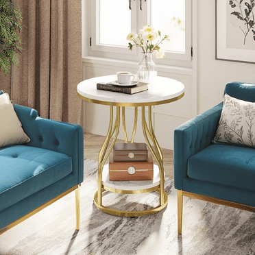 Tribesigns Round Side Table, 2-Tier End Table Modern Bedside Table, Small Side Table with Storage and Metal Framefor Couch Side, Living Room, White Gold
