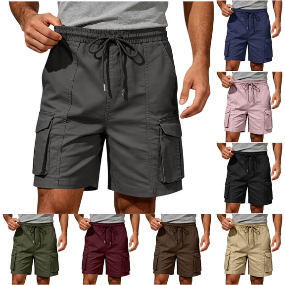 Sheghy Cargo Shorts for Men 100%Cotton Men Casual Fashion Solid Color Pocket Drawstring Elastic Waistband Cargo Shorts