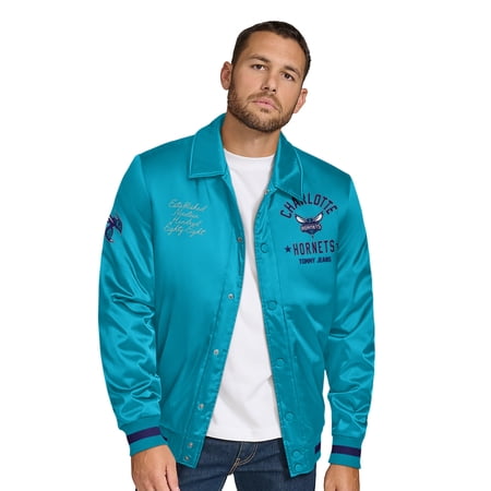 Men s Tommy Jeans Teal Charlotte Hornets Jacob Chain Stitch Applique Full-Snap Varsity Jacket
