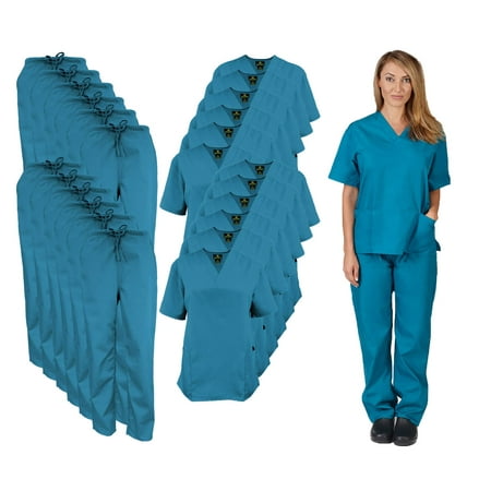 

M&M SCRUBS Women Scrub Set V-Neck Medical Scrub Tops and Drawstring Pants - Pack of 12 Set (Teal 5X-Large)