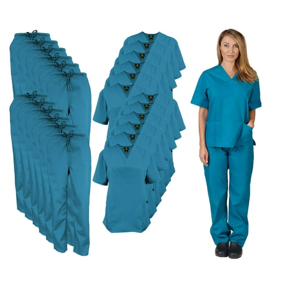 M&M SCRUBS Women Scrub Set V-Neck Medical Scrub Tops and Drawstring Pants - Pack of 12 Set (Teal, 5X-Large)