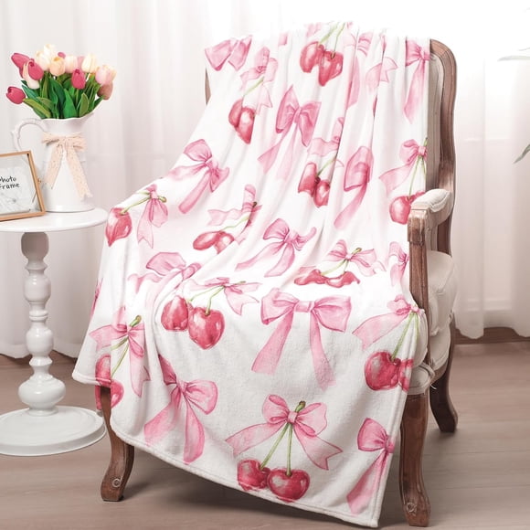 Couverture Nœud Rose Coquette Douce Flanelle Légère Nœuds Esthétique Preppy Mignonne Décoration de Chambre Canapé Voyage Lit, 50 x 60 Pouces (Cerise)