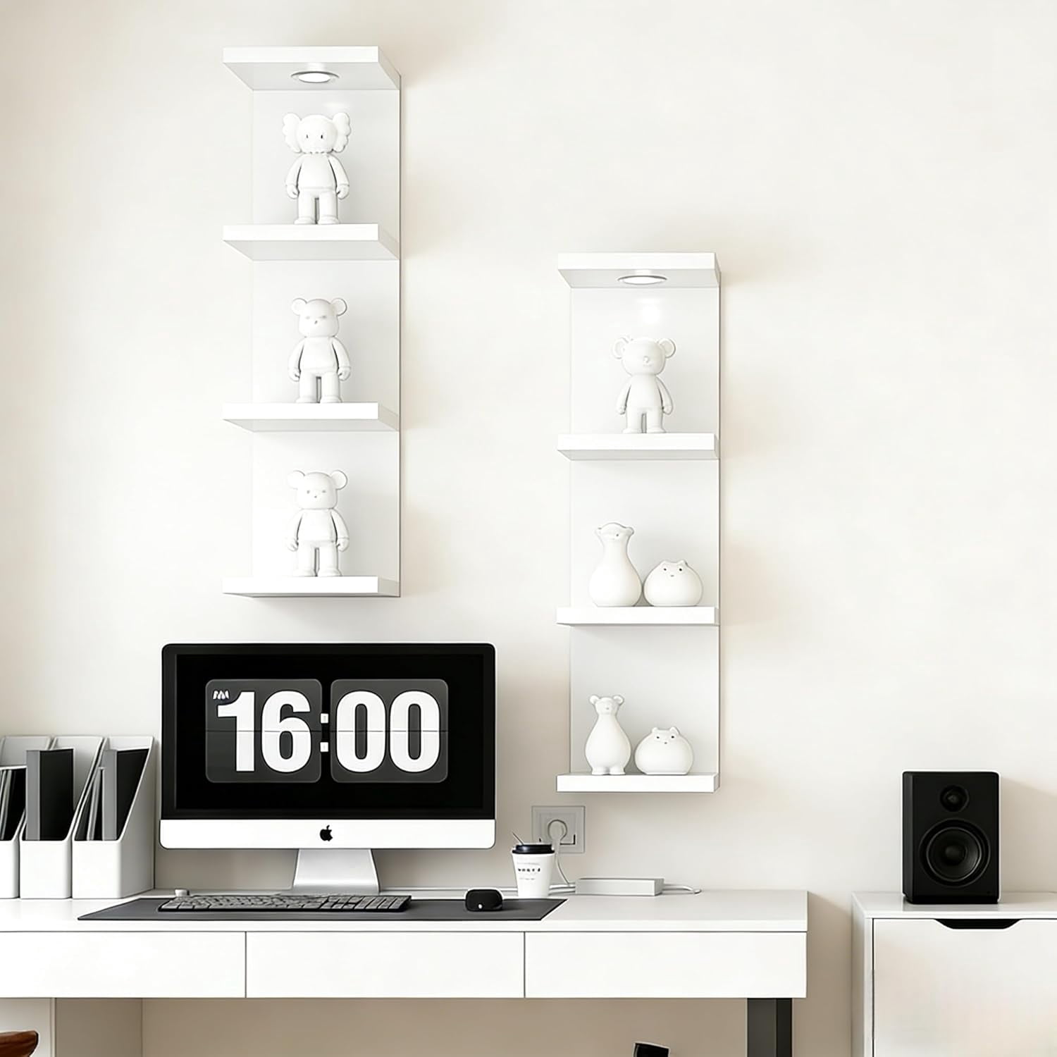 4 Tier Wall Shelf Unit White Floating Shelves with LED Lights, Versatile Organizer for Home Decor Books