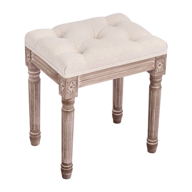 Vintage Ottoman Stool 47cm Upholstered Dressing & Vanity Stool Foot Rest Beige