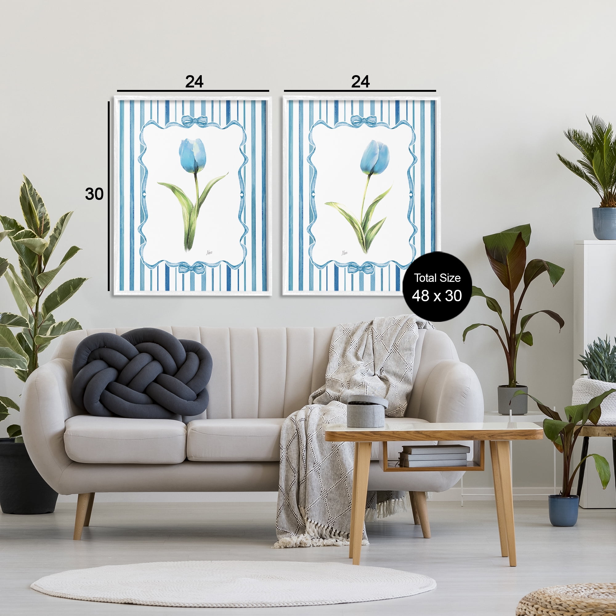 Stupell Industries Blue Tulips with Feminine Ribbon 2 Piece White Framed Giclee Art Set, design by Nan