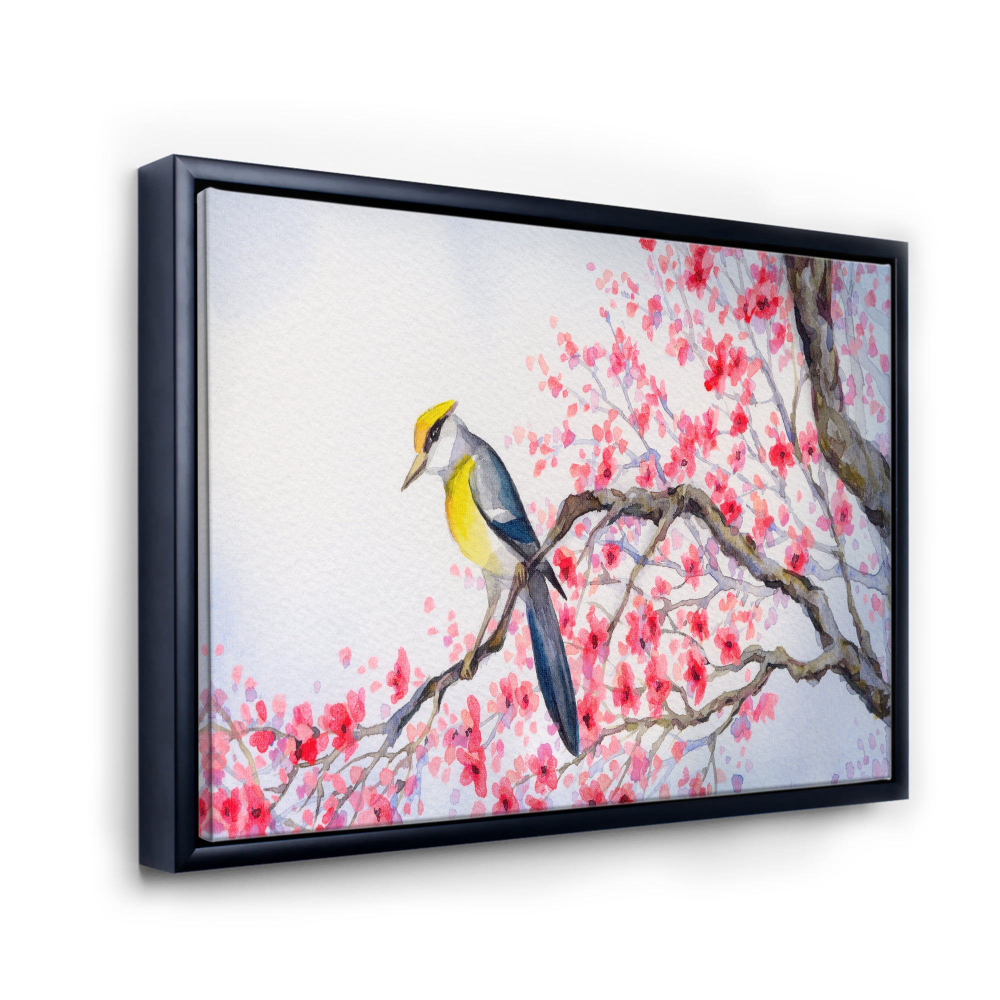 Designart 'Beautiful Red Bird Sitting On Flowering Branch II' Traditional Framed Canvas Wall Art Print