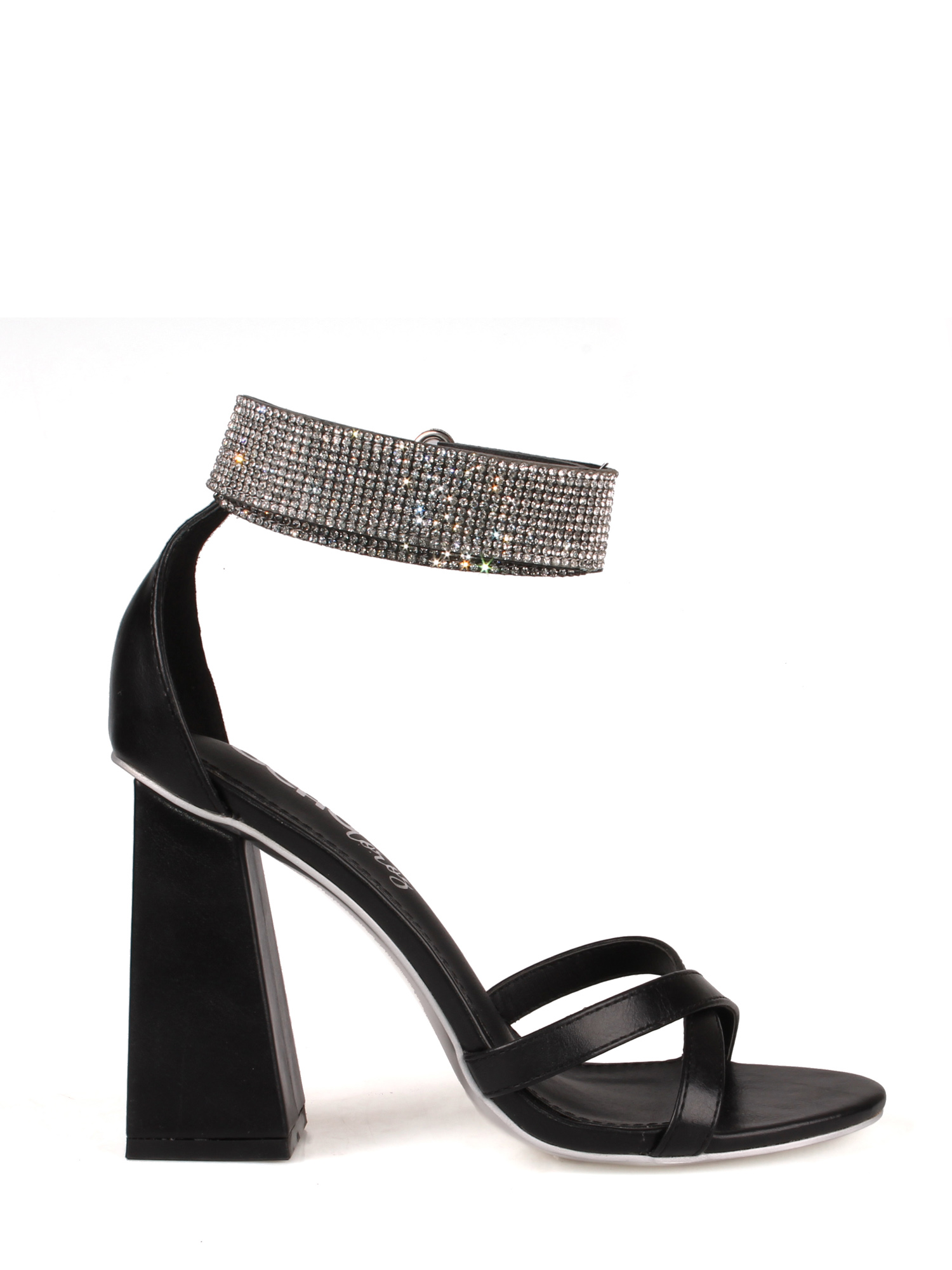 Ochotoros Chunky Heel Women's Rhinestone Sandals in Black