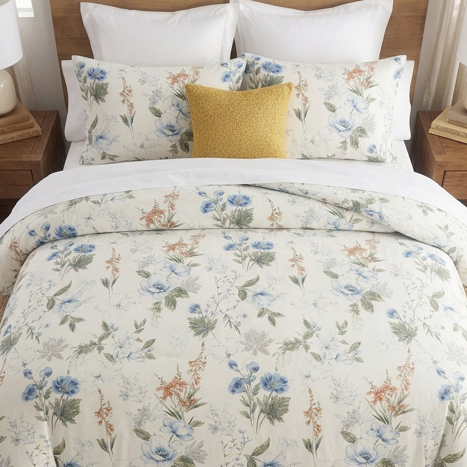 Move Over Blue Floral Duvet Cover Set Queen Size 3 Pieces Reversiable Cotton Bedding Set Pink and Green Garden Flower Comforter Cover Set for All Seasons