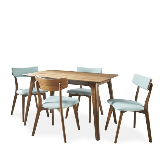 GDF Studio Meanda Mid Century 5 Piece 4 Seater Wood Dining Set, Natural Walnut and Mint