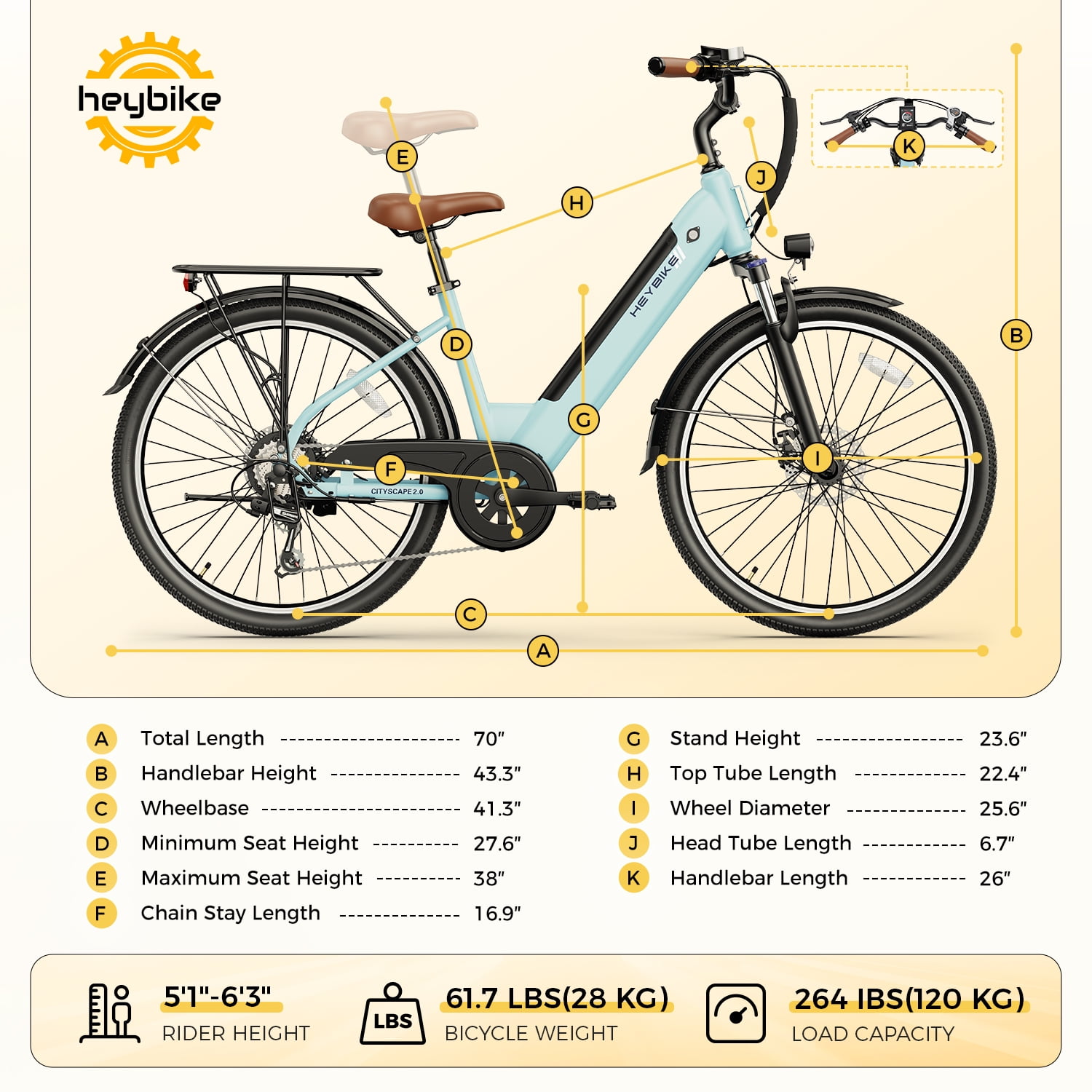 Heybike Electric Bike for Adults, 500W City Cruiser Ebike with 36V 13AH Built-in Battery, 26" Step-thru Electric Commuter Bike for Woman, Front Suspension, 7-Speed Bicycles UL2849