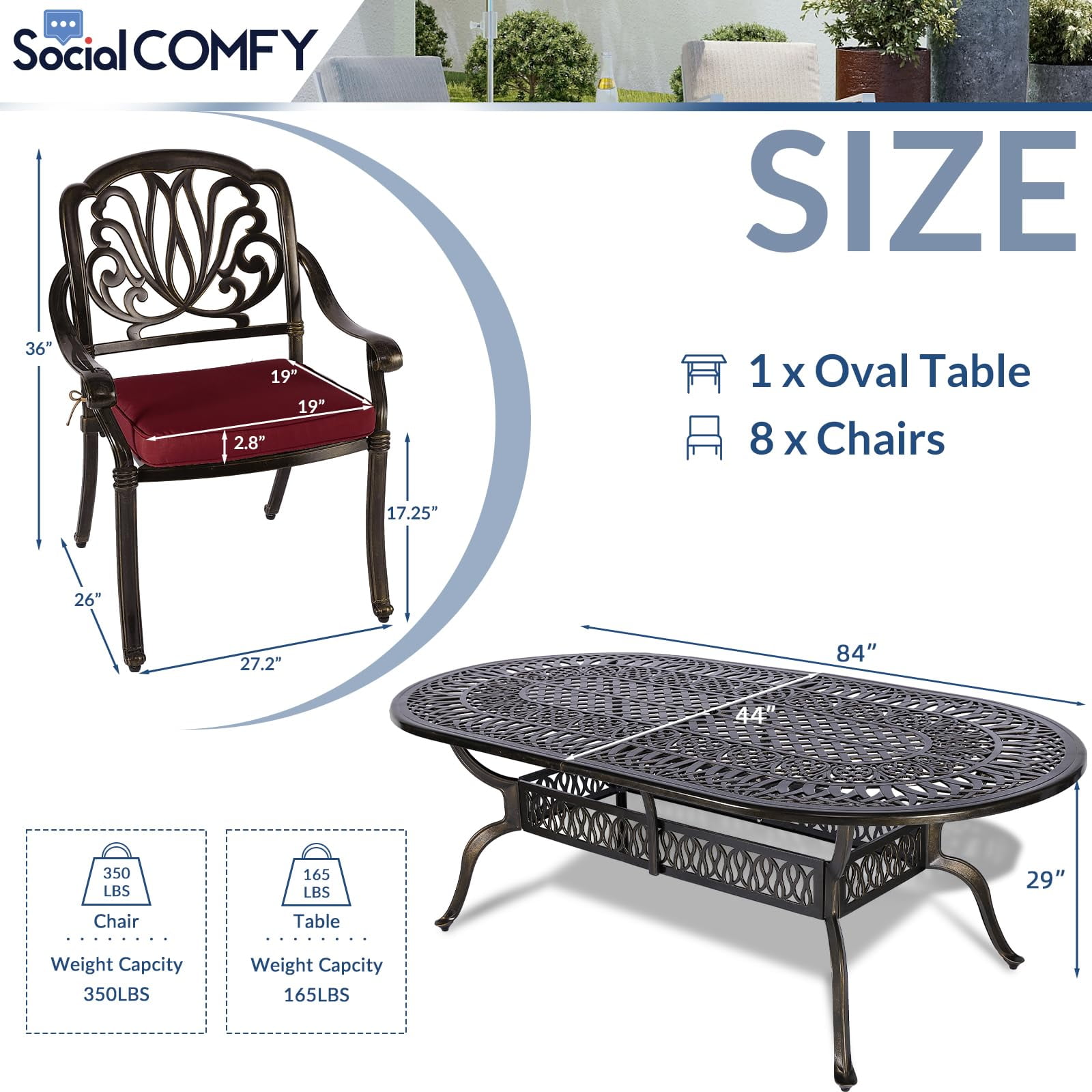9-Piece Patio Cast Aluminum Dining Set, Outdoor Dining Furniture Set for 8 Person, Includes 84" Oval Table and 8 Cushioned Chairs with Umbrella Hole for Patio Deck Garden, Red