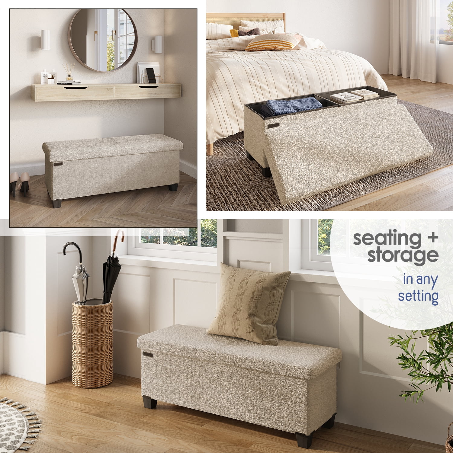 Hearth & Harbor Storage Ottoman Bench, Boucle 43" Ottoman with Storage , Beige