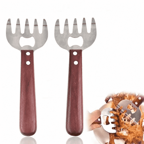 2 PCS Stainless Steel Meat Shredding Claws, Pulled Pork Shredder with Solid Wood Heat-Resistant Long Handle, Thickened Durable Metal Fork Head, Multi-Purpose Barbecue Meat Fork with Smooth Rounded Ti