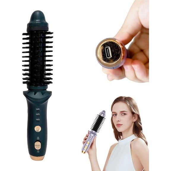 Cordless Heated Round Brush for Short Hair, USB Rechargeable & Travel Size Mini Curling Iron 1.7'' Barrel Portable Straightener Comb Curling Wand Hair Curler 3 Temperature Adjustable, Green