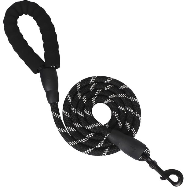 Correa resistente para perros de 1,5 m con cómodo mango acolchado e hilos altamente reflectantes (negro)
