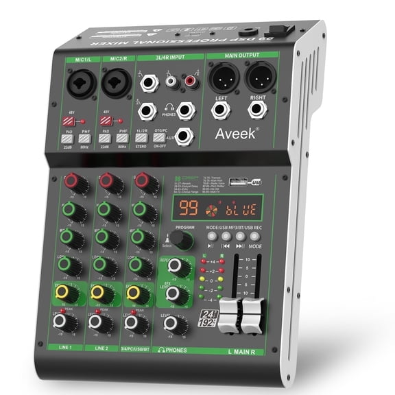 Aveek Audio Mixer,Professional Sound Board Mixing Console with USB Drive/Bluetooth/Computer/4 Channel Stereo Input DJ Mixer,48V Phantom Digital 99 DSP Effect for PC Recording Karaoke Studio Streaming